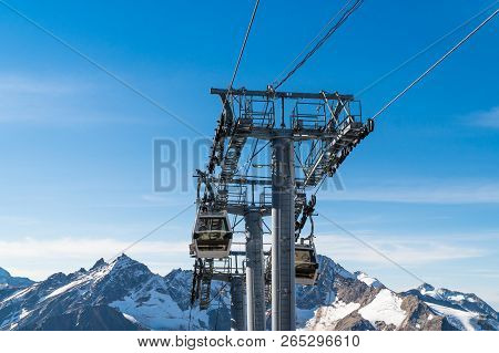 Gondola Ski Lift Taking People To The Elbrus