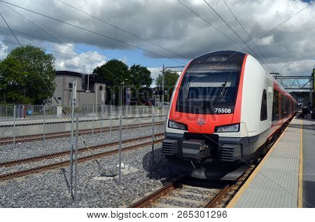Platform and train view on Mysen railway station. June 16. 2018. Mysen ,Norway