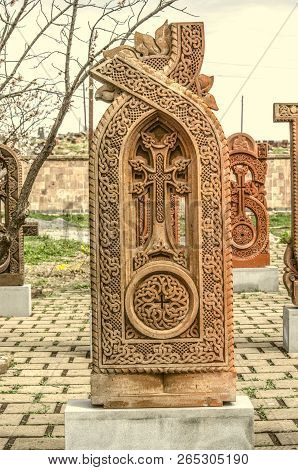 Oshakan,armenia,19 Februar,2018: Stone Cross Carved With Ornaments In The Form Of The Nineteenth Let