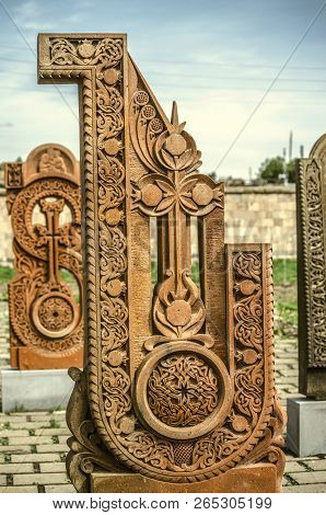 Oshakan,armenia,19 Februar,2018: Stone Cross Carved With Ornaments In The Form Of The Twenty Second 