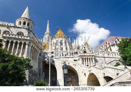 Halaszbastya Fisherman Bastion In Front Of Blue Sky, Budapest, Hungary