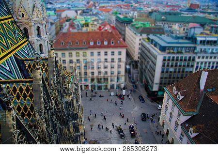 Top View Of Square With Little People And Cars From View Platform Of St. Stephan Cathedral (stephans