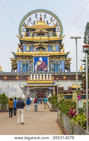 Bylakuppe, Karnataka, India - January 9, 2015: Entrance Temple Building Of The Namdroling Nyingmapa 