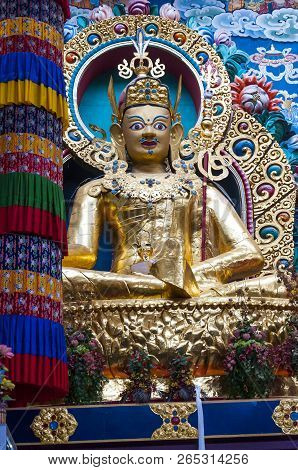 Bylakuppe, Karnataka, India - January 9, 2015: 18 Meters High Decorated Statue Of Padmasmbhava Insid