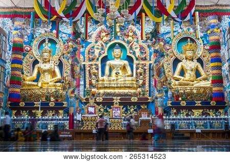 Bylakuppe, Karnataka, India - January 9, 2015: 18 Meters High Statues Inside The Golden Temple - Pad
