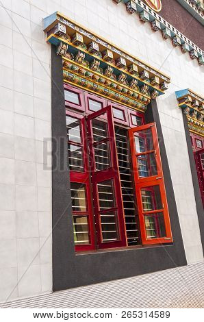 Bylakuppe, Karnataka, India - January 9, 2015: Tibetan Window Design Art In The Namdroling Nyingmapa