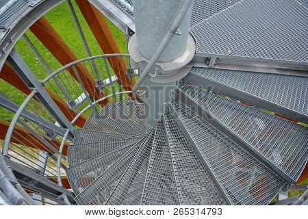 Spiral Staircase Of Lookout Tower, Construction With Metal Steps. Observation Tower, Post Or Point,