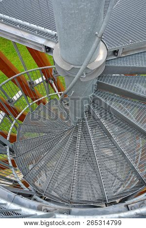 Spiral Staircase Of Lookout Tower, Construction With Metal Steps. Observation Tower, Post Or Point,