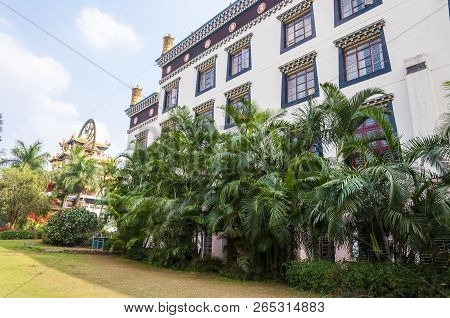 Bylakuppe, Karnataka, India - January 9, 2015: Side Facade Wall Of The Education Center Building Ins