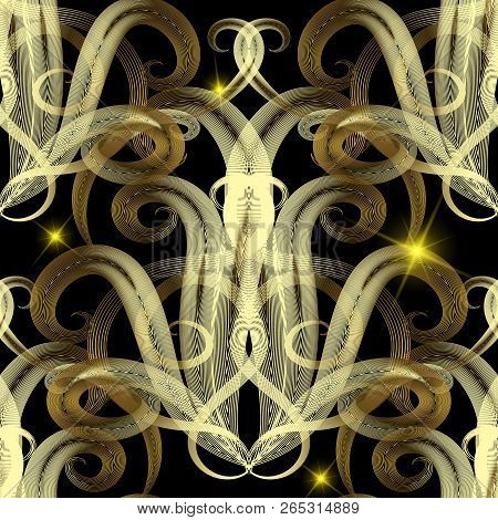 Gold Modern Halftone Damask Vector Seamless Pattern. Floral Orna