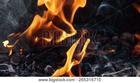 Fire Flame Smoke Embers To Fry On The Street Close-up