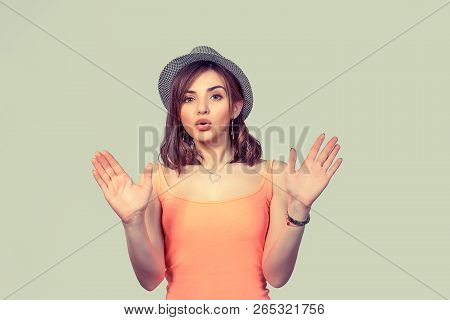 Stop Right Here. Closeup Portrait Of Angry Annoyed Young Woman Raising Hand Up To Say No Stop Right 