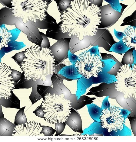 Floral Seamless Pattern With Hand Drawn Spring Flowers Daffodils, Narcissus. Colorful Floral Element
