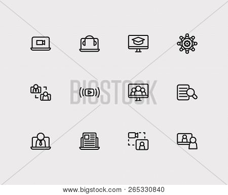 Online Education Icons Set. Education E-learning And Online Education Icons With Headphone Laptop, B