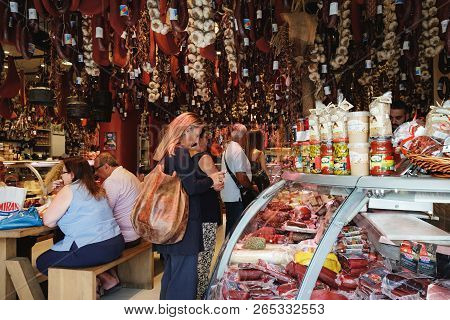 Athens, Greece - September 22, 2017: Delicious Traditional Greek Specialities Are Sold At The Butche