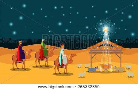Christmas Desert Scene With Holy Family In Stable Vector Illustration Design