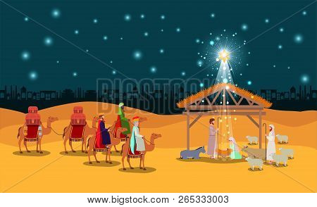Christmas Desert Scene With Holy Family In Stable Vector Illustration Design