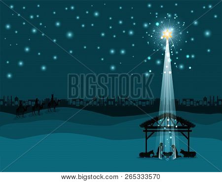 Christmas Desert Scene With Holy Family In Stable Vector Illustration Design