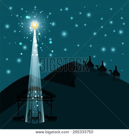 Christmas Desert Scene With Holy Family In Stable Vector Illustration Design
