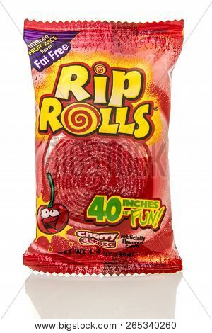 Winneconne, Wi - 25 October 2018:  A Bag Of Rip Rolls In Cherry Flavor From Thailand On An Isolated 