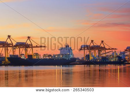 Container Ship Yard Against Colorful On Sun Rising Sky Klong Tuey Port Bangkok Thailand