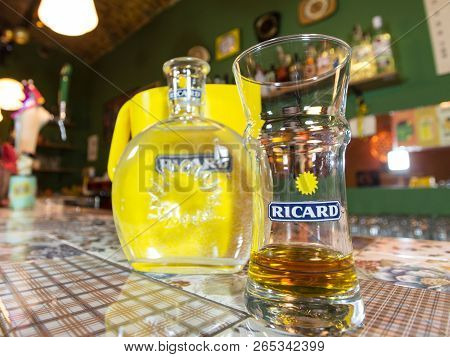 Marseille, France - March 15, 2018: Close Of On A Ricard Jug And A Water Bottle With Its Logo. Ricar