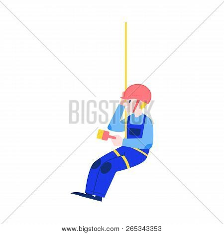 Vector Illustration Of House Building And Renovation Concept With Young Man Painting Wall On High At