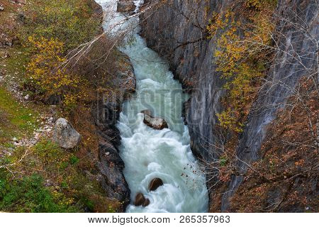 Wild River Stream Among Cliffs And Rocks, Enguri, Autumn Time In Mestia, Svaneti, Georgia
