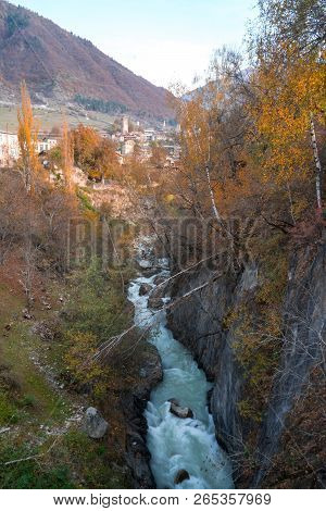 Wild River Stream Among Cliffs And Rocks, Enguri, Autumn Time In Mestia, Svaneti, Georgia