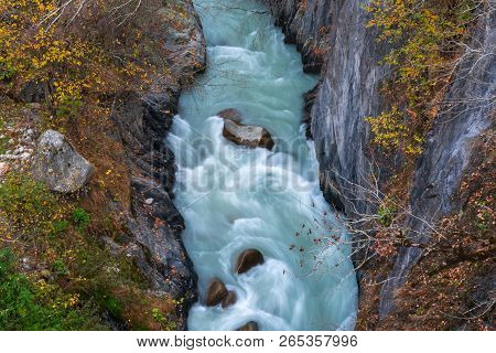 Wild River Stream Among Cliffs And Rocks, Enguri, Autumn Time In Mestia, Svaneti, Georgia