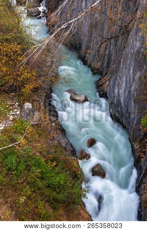 Wild River Stream Among Cliffs And Rocks, Enguri, Autumn Time In Mestia, Svaneti, Georgia
