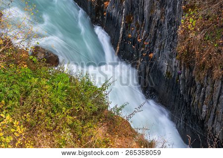 Wild River Stream Among Cliffs And Rocks, Enguri, Autumn Time In Mestia, Svaneti, Georgia