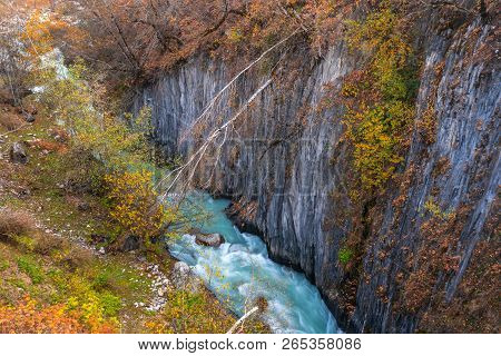 Wild River Stream Among Cliffs And Rocks, Enguri, Autumn Time In Mestia, Svaneti, Georgia