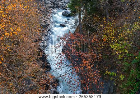 Wild River Stream Among Cliffs And Rocks, Enguri, Autumn Time In Mestia, Svaneti, Georgia