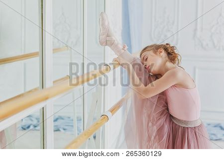 Young Classical Ballet Dancer Girl In Dance Class. Beautiful Graceful Ballerina Practice Ballet Posi