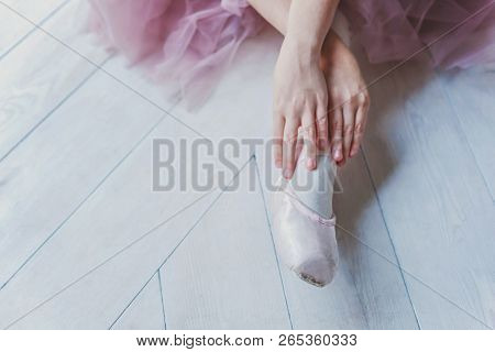 Hands Of Ballerina In Pink Tutu Skirt Puts On Pointe Shoes On Leg In White Light Hall. Young Classic