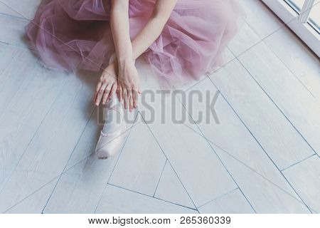 Hands Of Ballerina In Pink Tutu Skirt Puts On Pointe Shoes On Leg In White Light Hall. Young Classic