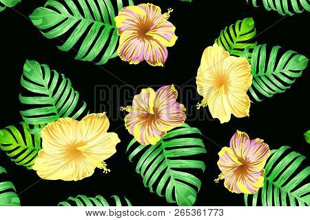 Green Yellow Exotic Pattern. Monstera Leaves And Hibiscus Flowers In Summer Print.  Hawaiian T-shirt