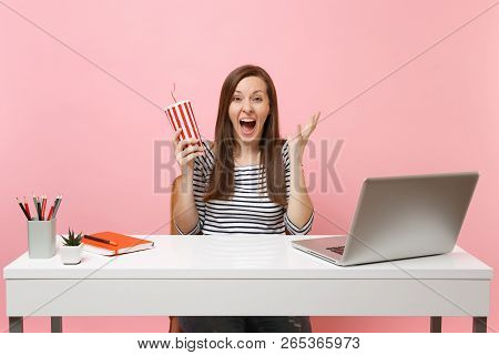 Overjoyed Shocked Woman Screaming Spreading Hands Holding Plactic Cup With Cola Or Soda Work At Whit