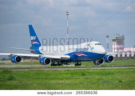 Kyiv Region, Ukraine - August 1, 2018: Silkway Boeing 747-800 Taxiing To The Runway For Takeoff