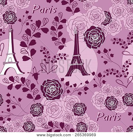 Roses On Eiffel-love In Parise Seamless Repeat Pattern Background