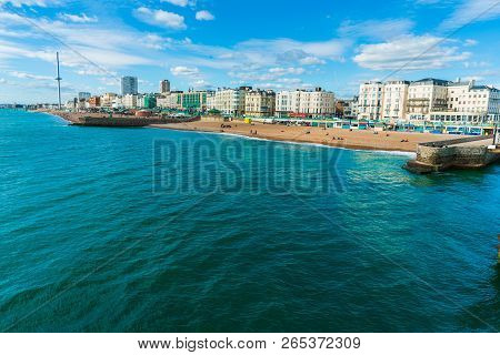 Brighton, England-1 October,2018: Beautiful View Of Brighton Pier With Brighton Beach Sea, Sand And 