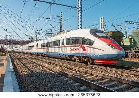 High-speed Train Sapsan Rides On The Route Moscow-st. Petersburg. 12 July 2018.