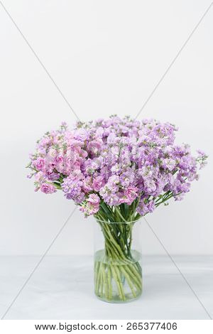 Bouquet Of Beautiful Lilac Color Gillyflower, Levkoy Or Matthiola. Spring Flowers In Vase On Wooden 