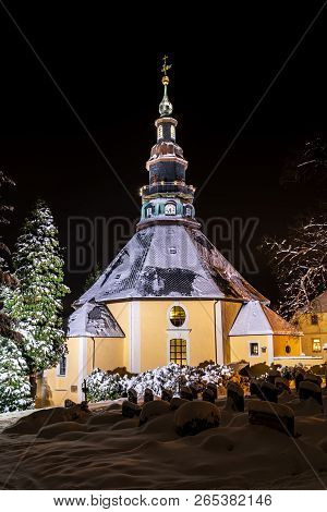 Church In Seiffen Ore Mountains In Saxony Germany At Night.