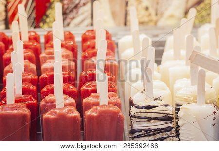 Italian Ice Cream Gelato, Ice Lolly, In Street Stall In Catania, Sicily, Italy