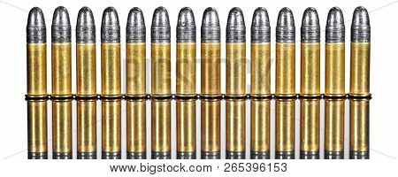 Panorama With Row Of Cartridges Or Ammunition Against White Background, Concepts Such As Business Or