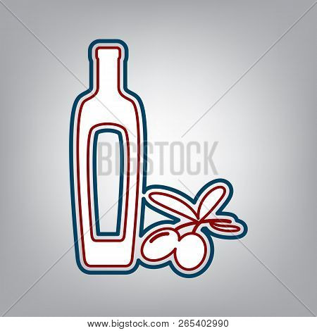Black Olives Branch With Olive Oil Bottle Sign. Vector. Dark Red