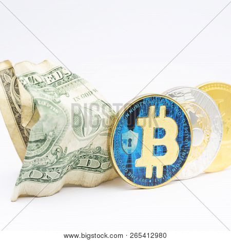 Blurred Crumpled Dollar Money And Different Bitcoin
