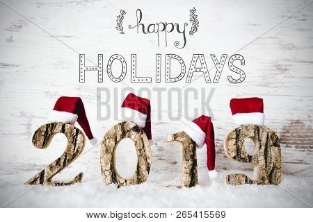 2019, Red Santa Claus Hat, Snow, Calligraphy Happy Holidays